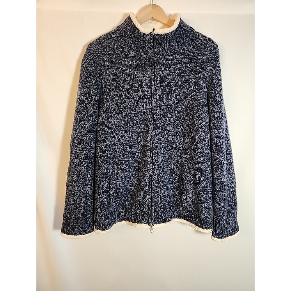 LL Bean Sherpa Lined Lambs Wool Knit Full Zip Sweater Jacket Marled Women Size L